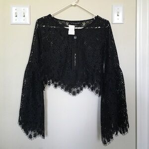 For Love And Lemons Black Floral Lace Cropped Bell Sleeve Top